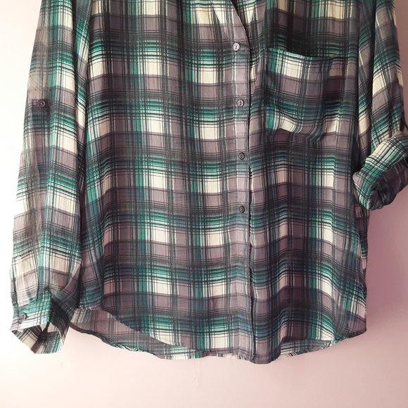 🌞 Band of Gypsies Plaid Blouse, Roll Sleeve, M - Picture 3 of 13